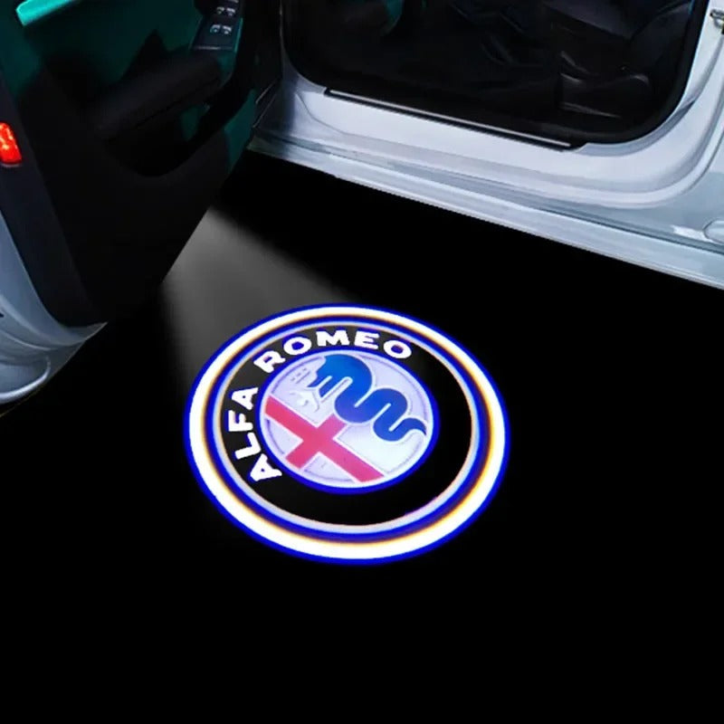 2 pz LED door projector for Alfa Romeo Giulietta, the photo shows one of the styles of the door projectors - M-Pure Dynamics