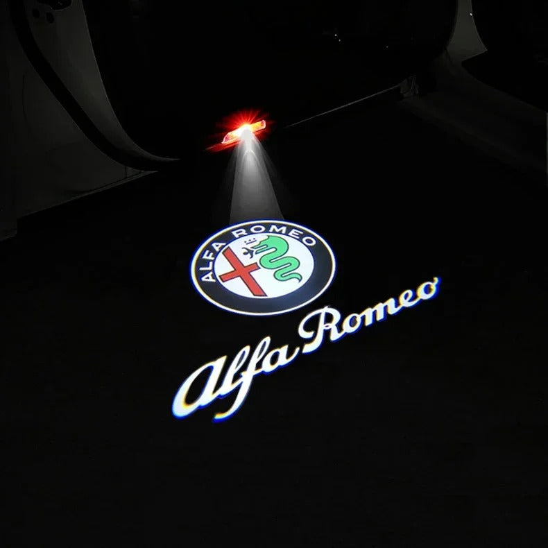 2 pz LED door projector for Alfa Romeo Giulietta, the photo shows one of the styles of the door projectors - M-Pure Dynamics