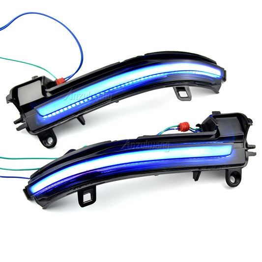 Blue Dynamic Led Side Mirror Turn Signal Lights Indicator, the phpt shows the compatiblity and also the light in function - M-Pure Dynamics