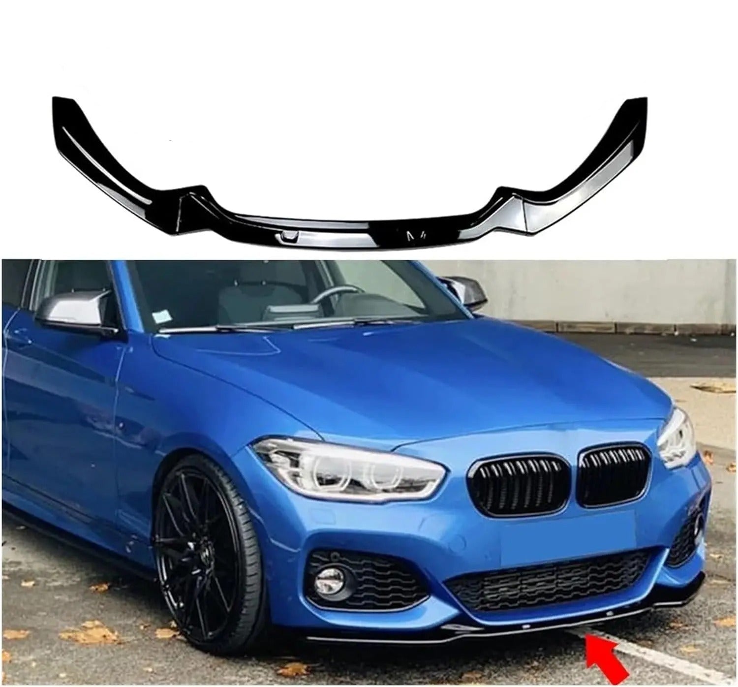 Splitter bmw f20-f21 LCi 2015-2019, the photo shows the front splitter installed on the car and also the front splitter upclose  - M-Pure Dynamics