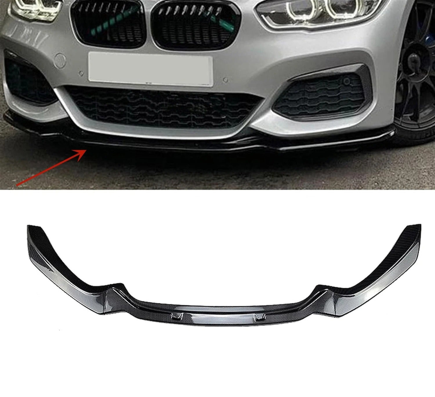 Splitter bmw f20-f21 LCi 2015-2019, the photo shows the front splitter installed on the car and also a close up on the splitter itself- M-Pure Dynamics