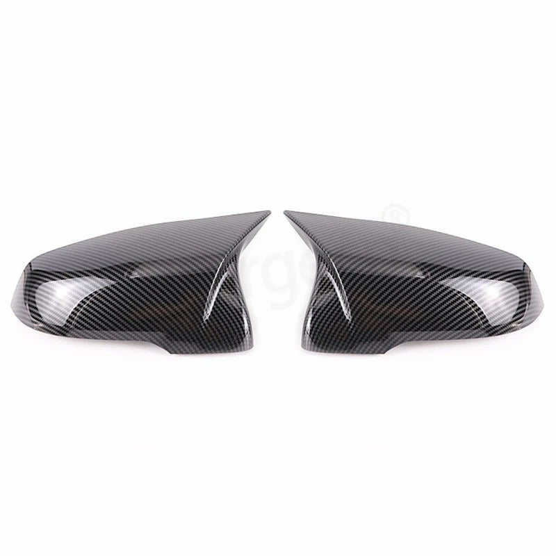 This photo shows up close the mirror caps mounted on the car, displaying the carbon look variation