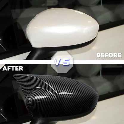 Sport Cover Caps for Punto and 500 , here it shows the before and after with the carbon look mirror in display- M-Pure Dynamics
