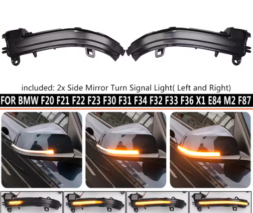 Dynamic Led Side Mirror Turn Signal Lights Indicator, the phpt shows the compatiblity and also the light in function - M-Pure Dynamics