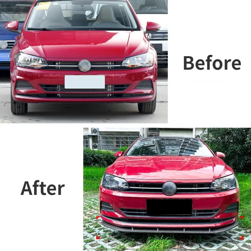 Front Lip for Volkswagen VW Polo MK6, the photo here it shows the car before without the front lip and after with the front lip installed - M-Pure Dynamics