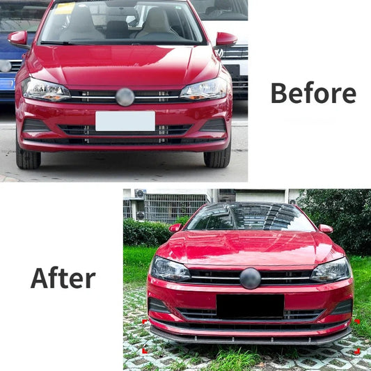Front Lip for Volkswagen VW Polo MK6, the photo here it shows the car before without the front lip and after with the front lip installed - M-Pure Dynamics
