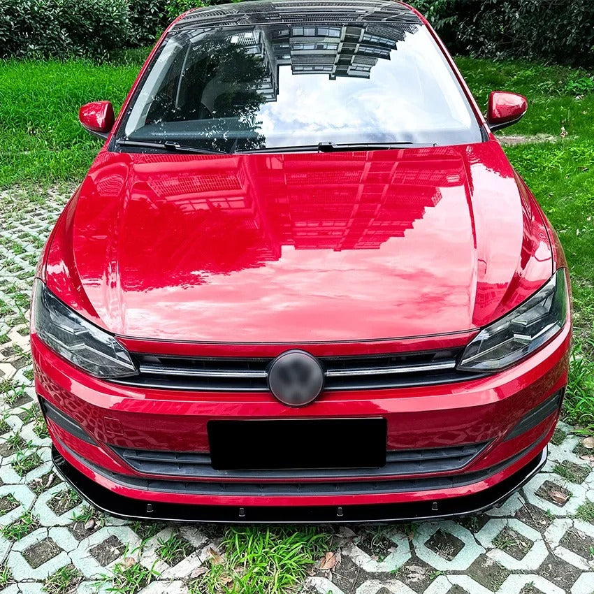 Front Lip for Volkswagen VW Polo MK6, this photo shows the car with the front lip installed, shot from the front - M-Pure Dynamics
