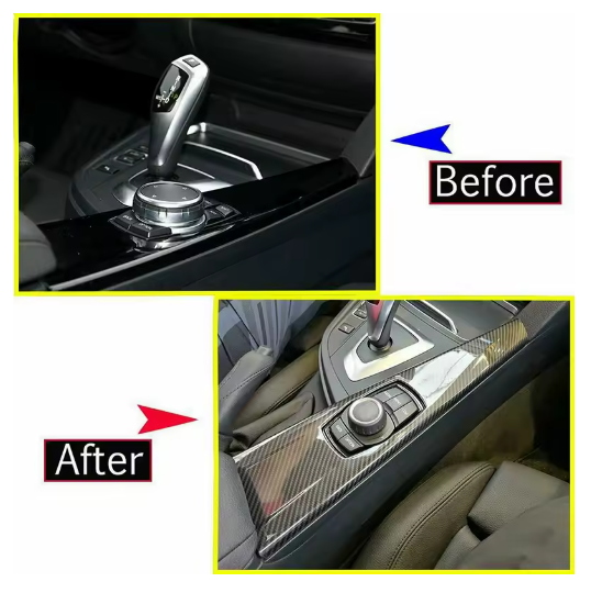 Gearbox Funnel cover in Carbon Fiber Look for Series 3 GT F30 F34 F33 F36 2013 2014 2015 2016 2017 2018, the photo shows the before and after of the car with and without the cover - M-Pure Dynamics