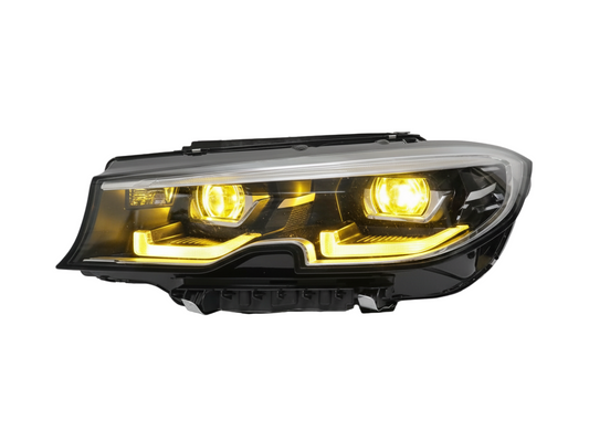 Car headlight with yellow illumination on a white background