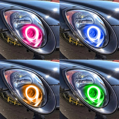 Car headlights in different colors (pink, blue, orange, green) on a black car background.