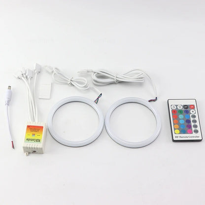 LED ring lights with wiring, power supply, and remote control on a white background