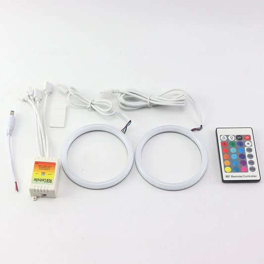 LED ring lights with wiring, power supply, and remote control on a white background