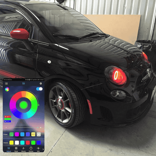 Kit Angel Eye RGB for Abarth 500, the photo shows the angel kit on the car - M-Pure Dynamics