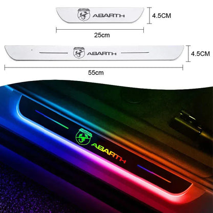 Front and Rear Door LED Sill Plat for Abarth, the photo shows the Sill Plate with the LEDs on- M-Pure Dynamics