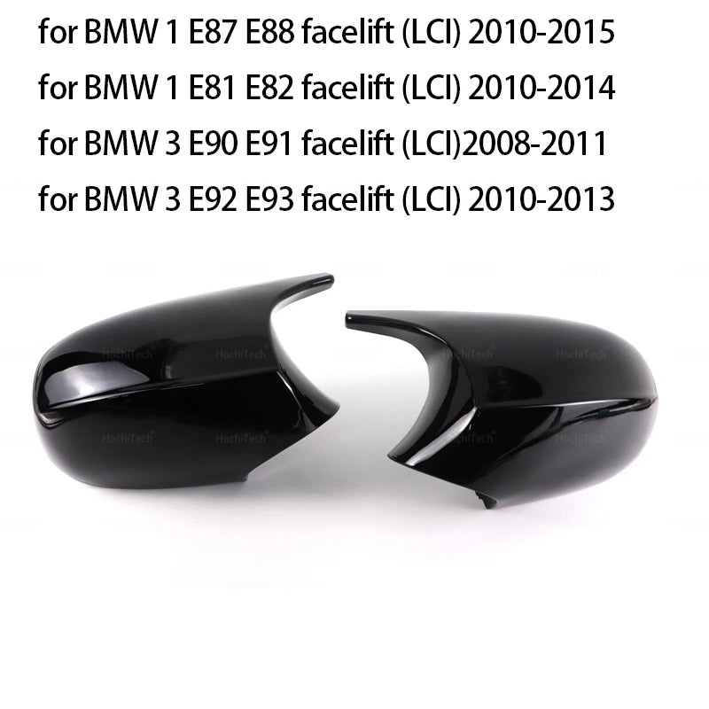 M Style Mirror Cover Caps for BMW Series 1 3 E87 E81 E82 E90 E91 E92 E93 , the photo shows the glossy black variant and the specifics for every verision of the car for the LCI version- M-Pure Dynamics