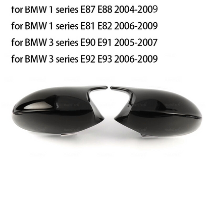 M Style Mirror Cover Caps for BMW Series 1 3 E87 E81 E82 E90 E91 E92 E93 , the photo shows the carbon fiber look variant and the specifics for every verision of the car- M-Pure Dynamics