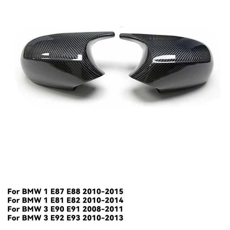 M Style Mirror Cover Caps for BMW Series 1 3 E87 E81 E82 E90 E91 E92 E93 , the photo shows the carbon fiber look variant and the specifics for every verision of the car- M-Pure Dynamics