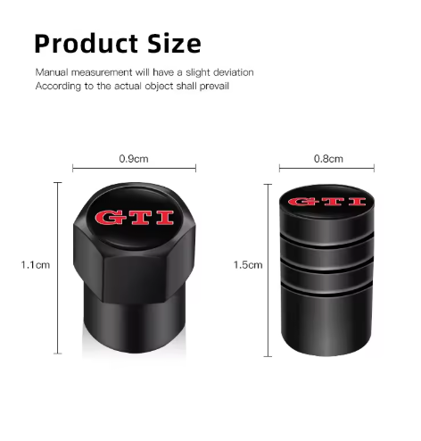 Metal Wheel Valve 4pz for Volkswagen GTI T-ROC GTD Atlas Tiguan Passat Golf Polo Touareg , the photo shows the Metal Wheel Valve black style with the dimensions- M-Pure Dynamics