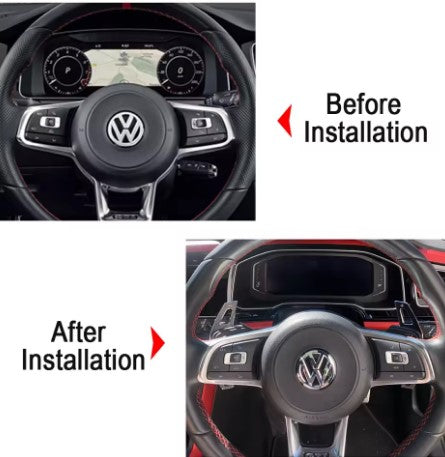 Paddle Shifter adhesive Per VW Golf 7 7.5 GTI MK7 GTE GTD RLINE POLO Scirocco, the photo shows a before and after of the steering wheel - M-Pure Dynamics