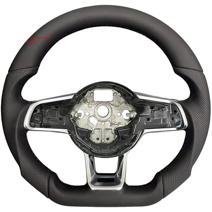 Black steering wheel with silver center on a white background