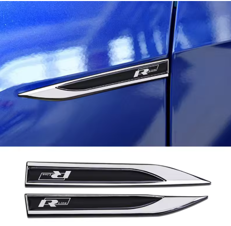 R-line badge for Golf and Passat, the photo here shows the badge upclose mounted on the car - M-Pure Dynamics