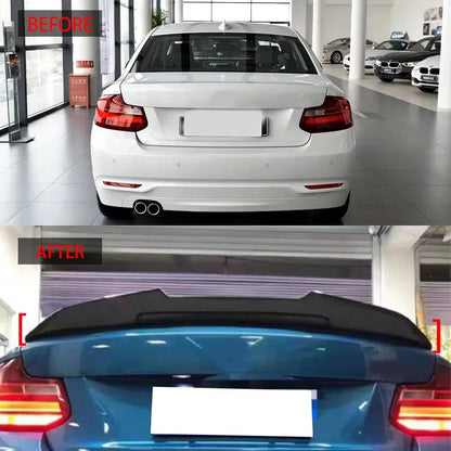 This Photo shows the spoiler mounted in the glossy black Color, on the car