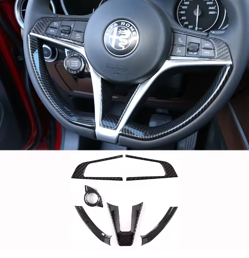 BS Carbon Fiber Style Steering Wheel Cover for Alfa Romeo Giulia Stelvio 2017 2018 2019, the photo shows the steering wheel installed on the car - M-Pure Dynamics