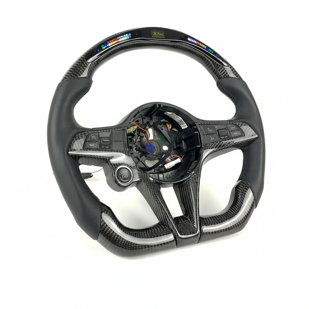 Carbon fiber steering wheel with visible branding on a white background